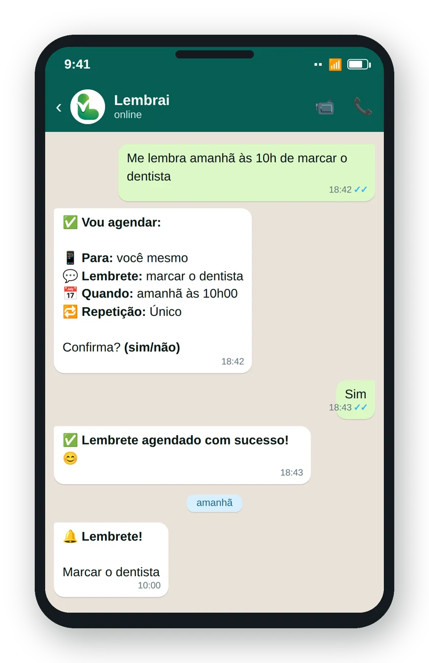 Lembrete do Lembrai chegando no WhatsApp no horário marcado