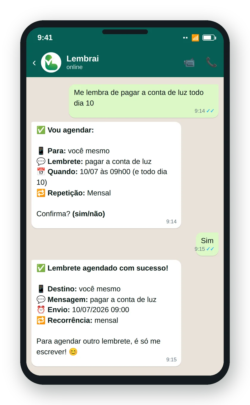 Agendar um lembrete recorrente mensal pelo WhatsApp